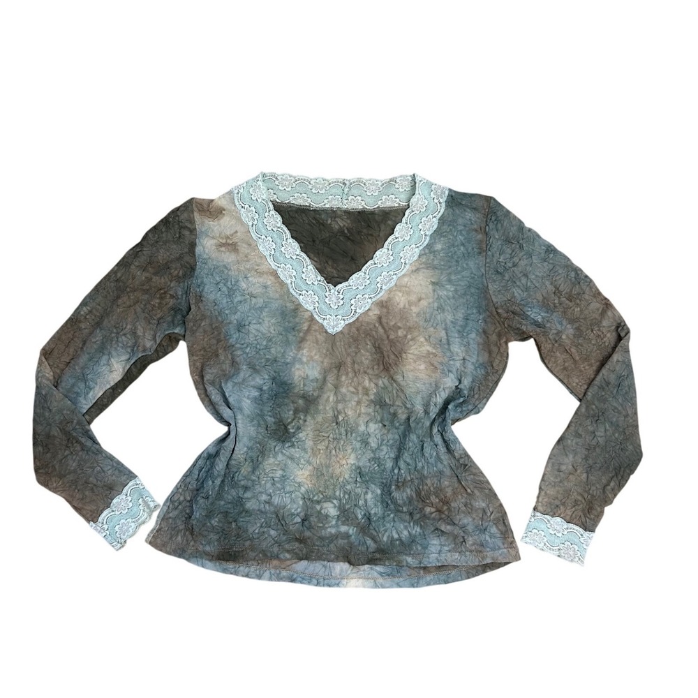Vintage Y2K Mesh crinkle‎ Lace Trim Long Sleeve Top Earth Tone tie-dye Baddie